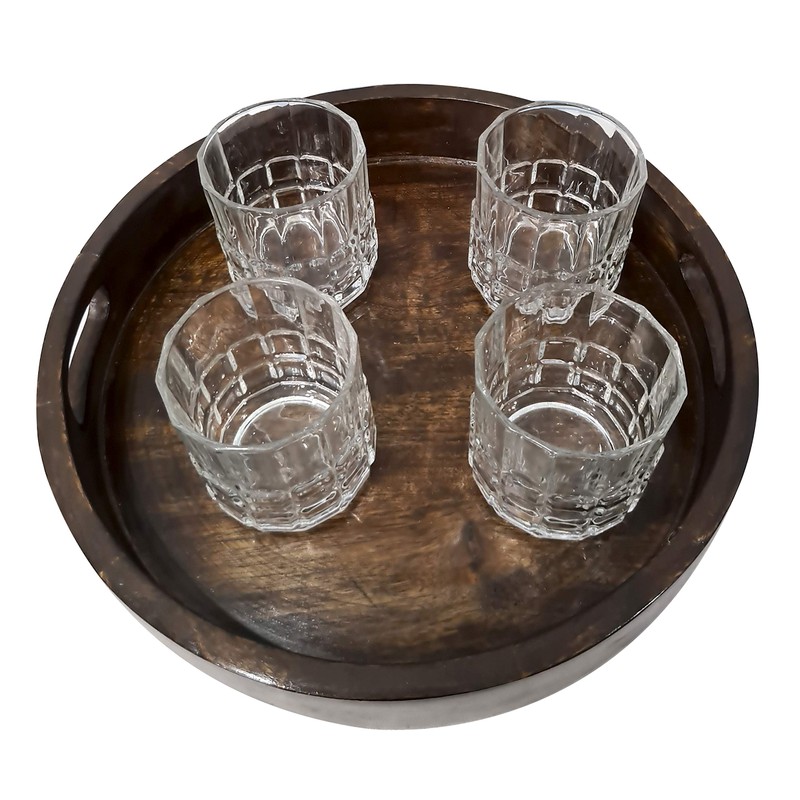 Hand Carved Wooden Round Platter with Handles Rustic Serving Tray,