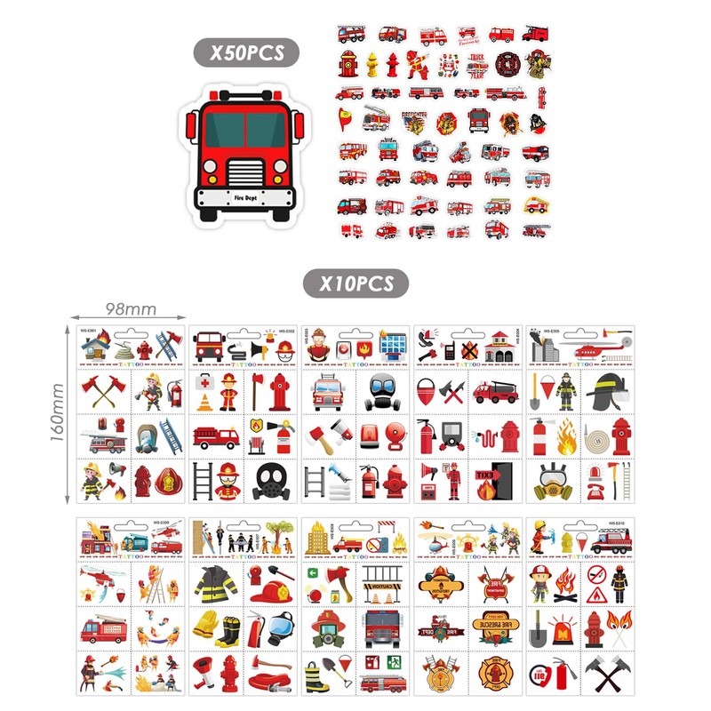 10 Tattoo Stickers For Kids, 50 Fire Truck Stickers, Fire