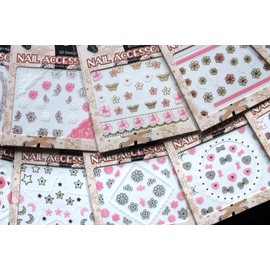 Nail Art 3D Stickers Decals Delicate Designs: Flowers/Hearts/Butterflies/Bows/Stars/Lace Silver Gold Pink & White Colors, 10 - Pack/STII/