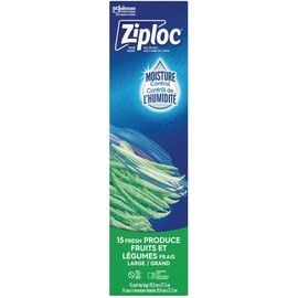 Ziploc Large Fresh Produce Bags, Grip 'n Seal Technology for Easier Grip, Open and Close, 15 Count