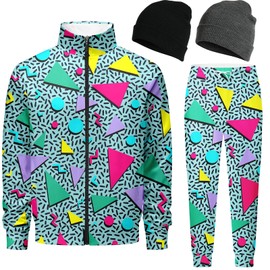 Spanoous Retro 90s 80s outfit for men sweatsuits track suits for men 2 piece set Jogging Suits Warm Up Full Zipper with 2 Knit Beanie hat 07-XXL