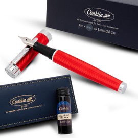 Conklin Herringbone Signature Fountain Pen Red Medium Nib + Free 15ml Ink Bottle – Premium Gift Pen for Writers, Professionals, Collectors