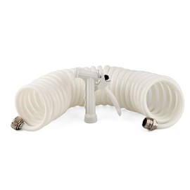 T-H Marine 25 ft Washdown Hose Kit - 1/2 Inch Coiled Poly Hose, White - Brass Quick Connect Ends - White Pistol Grip Nozzle - UV and Chemical Resistant