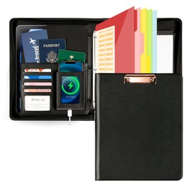 Ospelelf Leather Portfolio Folder, 3 Ring Binder with Storage clipboard, fits Letter Size Paper, with refillable Notepad, 5 Extra Folder Divider Pages, Zipper Closure, Faux Black Leather