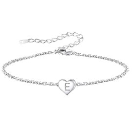 Funny S925 Silver 26 Letter Initial A-Z Heart Pendant Bracelet Gift For Daughter Sisters Friends Mum Birthday Christmas Adjustable Jewellery (E)