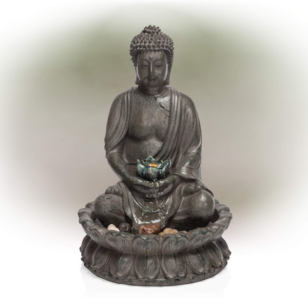 Alpine Corporation 19" Tall Indoor/Outdoor Tabletop Meditating Buddha with Lotus Flower Fountain with LED Light
