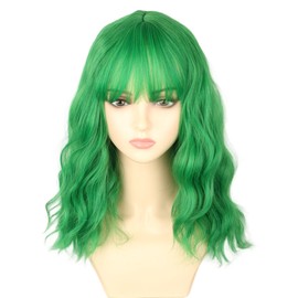 LeMarnia Women's Green Wig Short Bob Wavy Wig Heat Resistant Shoulder Length Curly Wig Theme Party Costume Wig