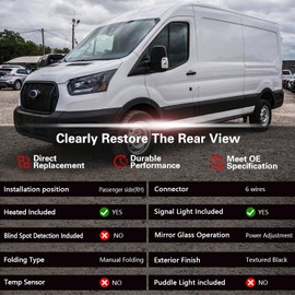 Marretoo Passenger Right Side Door Mirror replacement for 2015-2025 Ford Transit 150 250 350 350 HD Cargo Van 6 pins Power Glass,Heated,Signal Light Textured Black Extended Long Arm FO1321630