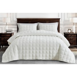 Chezmoi Collection Piers Cream White Velvet Quilt Queen Set, 3-Piece Plush Distressed Velvet Bedding All Season Lightweight Comforter - Brushed Microfiber Reverse with Double Square Stitch