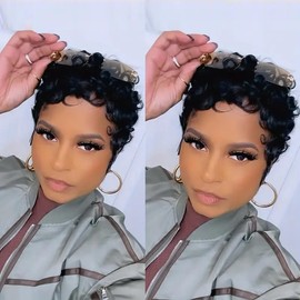PurpleSexy Chic Elegent Pixie Cut Wigs Human Hair Short Layered Pixie Cut Human Hair Wigs For Black Women Glueless Short Curly wigs With Bangs For Daily Use Natural Black 1B Color Full Machine Made