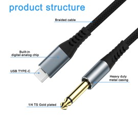 YESPURE USB C to 6.35mm 1/4 inch Guitar Audio Cable for Audio Recording Type-C to 6.35mm 1/4 inch TS for Bass, Electronic Piano Compatible with Smartphone Computer Tablet - 6.6FT/2M