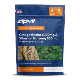 Zipvit Zipvit Ginkgo Biloba 6000mg & Siberian Ginseng 600mg with Vitamins B3 & B5, 120 Vegan Tablets, Supports Energy & Mental Performance, 4 Month Supply