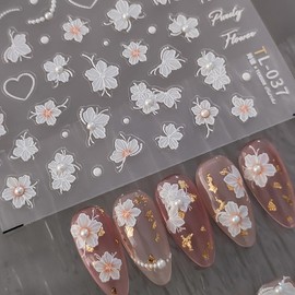 White Flower Nail Stickers 5D Embossed Flowers Nail Decals, 1 Sheets Floral Pearl Design Nail Art Supplies DIY Accessories Self Adhesive Spring Summer Manicure Sliders Decorations for Women