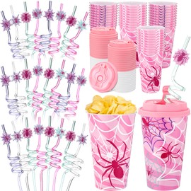Yungyan 36 Sets Pink Spider Party Favors Goodie Cups with Lids and Straws for Birthday Decorations Reusable 16oz Plastic Candy Cups Plastic Straws for Birthday Party (Pink Spider)