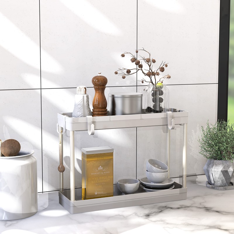 Simple Houseware 2-Tier Under Sink Organizer Storage Tray with Hooks,