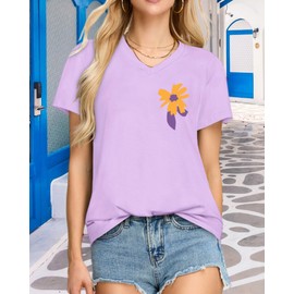 Womens T Shirts V Neck Short Sleeve Summer Tops Casual Basic Tees, Purple Yellow Flower, L