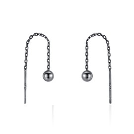 Pull-Through Earrings Sterling Silver 925 Gold-Plated Black with 4 mm Ball Hanging Short Chain Earrings for Women, Sterling Silver