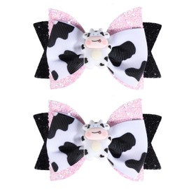 2pcs Glitter Pink Cow Print Hair Bow Clips for Toddler Teen Baby Girls Country Birthday Party Gift Cute Cow Ribbon Alligator Barrettes Outfit Dress Costume Decor Accessory 3 inch