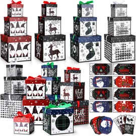 Tenceur 16 Sets Christmas Nesting Gift Boxes with Lids 3 Assorted Sizes Stackable Nested Xmas Boxes Decorative Stacking Square Present Box for Xmas Holiday Gift Wrapping Party Decoration, 4 Styles