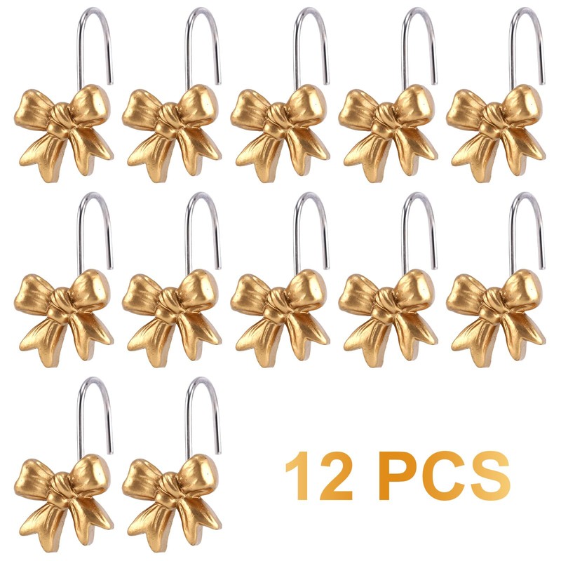 BOXOB 12pcs Gold Bow Shower Curtain Hooks Rings, Stainless Steel