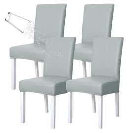 Oloepfo Waterproof PU Leather Chair Covers, Anti-Cat Scratch, Oilproof, Stretch Dining Chair Covers Set of 4, Removable Washable Parson Chair Silpcover for Home Kitchen Banquet Hotel Ceremony- Silver