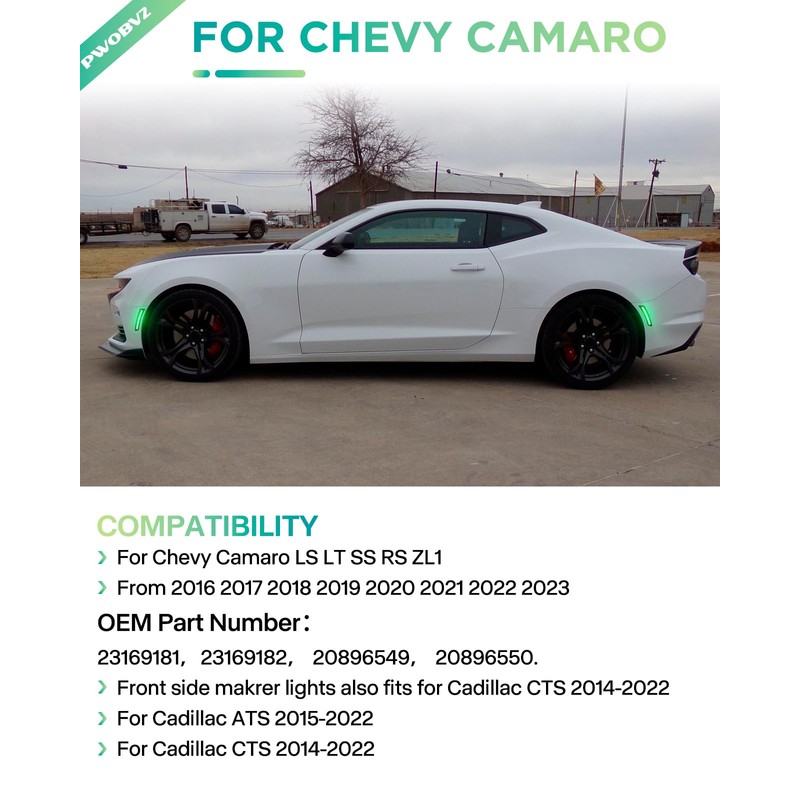 PWOBVZ Dynamic Green LED Side Marker Lights for Chevy Camaro
