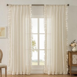 Linen Ruffle Curtains for Living Room, 2 Panels Farmhouse Ruffled Curtains 84 Inches Long, Rod Pocket Privacy Light Filtering Semi-Sheer Cottagecore Window Flowy Scalloped Curtain Drapes, 58 x 84 Inch