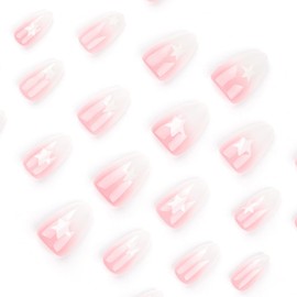 24 Pcs Pink Press on Nails Short Almond - SHANRUN Ombre French Tip Fake Nails Press ons Nail Art Tips Glue on Nails Full Cover Acrylic False Nails with White Pentagram Design Stick on Nails for Women