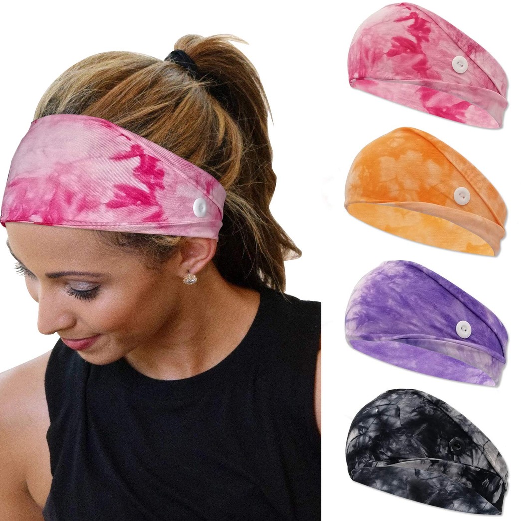 YONUF Headbands For Women Girls With Buttons Elastic Yoga Hair Bands Accessories Tie Dye 4 Pcs