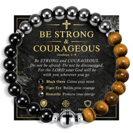 JZPZ Cross Beaded Bracelet for Men : Triple Protection Hematite Black Onyx Tiger Eye Men's Catholic Bracelets,Faith Religious Christian Jewelry,Healing Crystal for Boyfriend Husband,Joshua 1 9