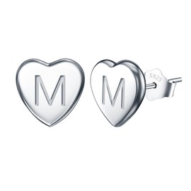 EVER FAITH Heart Letter M Stud Earrings for Girls, 925 Sterling Silver Dainty Tiny Alphabet Initial Earrings for Women Children Teenagers Girls Sensitive Ears, Sterling Silver, No Gemstone
