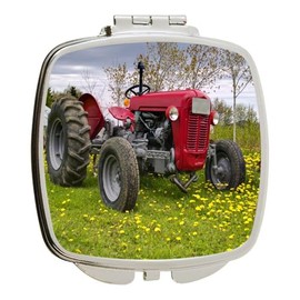 Island Gifting - Farm Tractor in Green Field Yellow Flowers - Square Compact Mirror - Travel Mirror