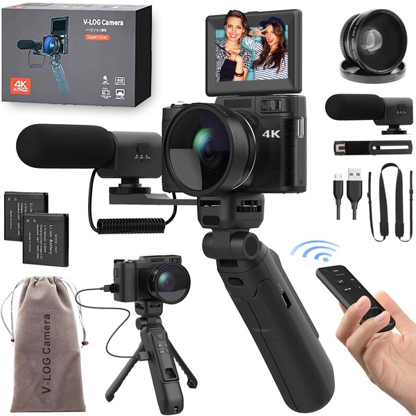4K Digital Camera with Creator Accessory Kit 48MP Remote Control Vlogging Camera for Vloggers Autofocus Flip Screen Photography Cameras with Tripod Grip, Wide-Angle & Macro Lens, Mic, Batteries