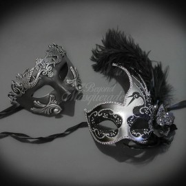 Couple's Masquerade Masks | Masquerade Masks Feather Roman Black/Silver