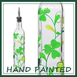 YIYUKODO 17oz Hand Painted Glass Olive Oil Bottle - 500ml Green Oil & Vinegar Cruet with Pourers - Olive Oil Carafe Decanter for Kitchen (Shamrock)