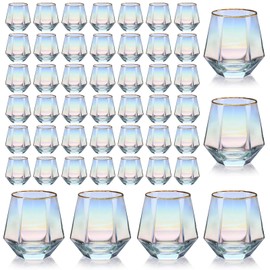 XKXKKE 48 Pcs Diamond Wine Glasses, 10 OZ Modern Stemless Gold Rim Glass Cups Iridescent Drinking Glassware for Serving Party, Home, Bar, Restaurants, Gift, Rainbow Tumbler, Colorful Set of 48