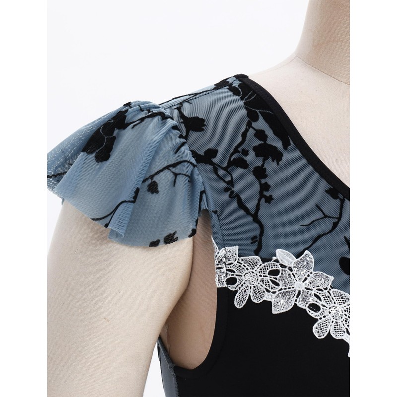 Women Butterfly Floral Chiffon Ballet Dance Dress Cap Sleeve Open