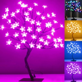 Pooqla RGB Cherry Blossom Tree Light with Remote 28 Colors LED Artificial Flower Bonsai Tree, RGB Table Top Lamp Home Lit Tree Valentine's Day Christmas Decoration 36 LED, Brown Branch
