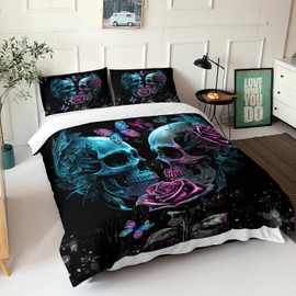AILONEN Sugar Skull Duvet Cover Set Twin Size, 3D Rose Skull Couple Bedding Set,Romantic Flower Skull Comforter Cover Set 3 Pieces, 1 Quilt Cover and 2 Pillowcases (No Comforter)