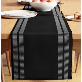 Encasa Table Runner for 4 to 6 Seat Dining Room, Ladder Black, Fine Ribbed Cotton, Size 32 x 183 cm, Over 20 Modern Colours and Woven Designs, Machine Washable