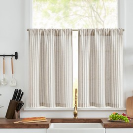 TOPICK Grey Striped Linen Blend Kitchen Curtains for Living Room Bathroom Cupboard Bedroom 30 Inch Drop Pinstripe Cafe Curtains Light Filtering Small Window Drapes Rod Pocket 2 Panels