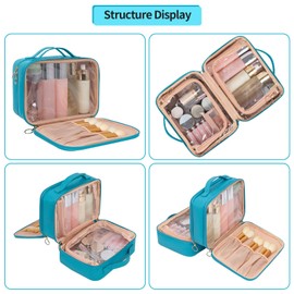 OCHEAL Clear Makeup Bag, Double Layer Cosmetic Bag, Large Capacity Minimalist Cosmetic Case for Women Travel Beauty Essentials, Multiple Compartments Makeup Case Organizer Zipper Pouch -Blue