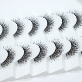 Happy Heartbeat 3D Clear Band False Eyelashes, Cat Eye, Wispy, Natural Look, Short False Eyelashes, Super Natural, Cross, Fluffy, Soft, Reusable Eyelashes, 7 Pairs, No. 201