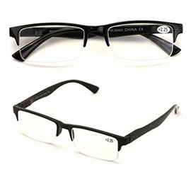 2 Pairs Rectangular Half Rim Reading Glasses - Simple Classic Reader (Black, 1.75)