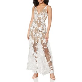 Dress the Population Women's Sidney Sleeveless Plunge Neckline FIT and Flare Maxi Dress, White/Nude, XX-Small