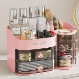 LAMU Makeup Organizer with Drawers, Cosmetic Storage for Dresser Bathroom Countertop, Include 4-Tier Rotating Jewelry Box for Brushes, Skincare, Perfume, Office, Earring, Jewelry Organizer, Pink