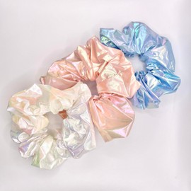 Pastel Shiny Hair Scrunchies Set for Women & Girls – 3 Pack Glossy Large Hair Ties with Strong Hold, No Damage, Soft Elastic Bobbles – For All Hair Types, Daily Wear, Parties & Holidays