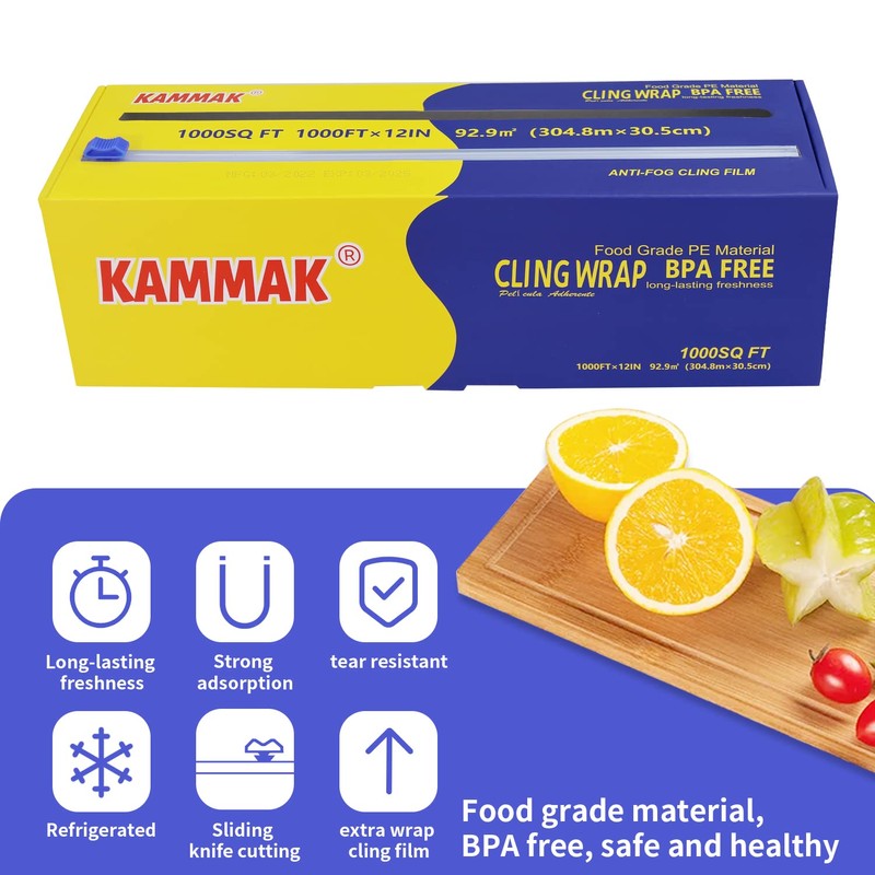 KAMMAK Plastic Wrap with Slide Cutter - 12 Inch Food