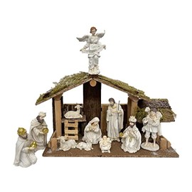 Christmas Nativity Set/Nacimiento Set Ivory Color 6" Inch Home Decor + Wooden Nativity Stable