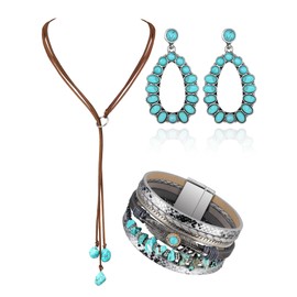 Inbagi 3 Pcs Western Jewelry for Women Bohemian Set, Boho Pendant Long Choker, Faux Leather Layered Bracelet, Dangle Earrings(Elegant Style)
